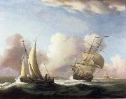 A Small Sailing boat and a merchantman at sea in a rising Wind, Monamy, Peter